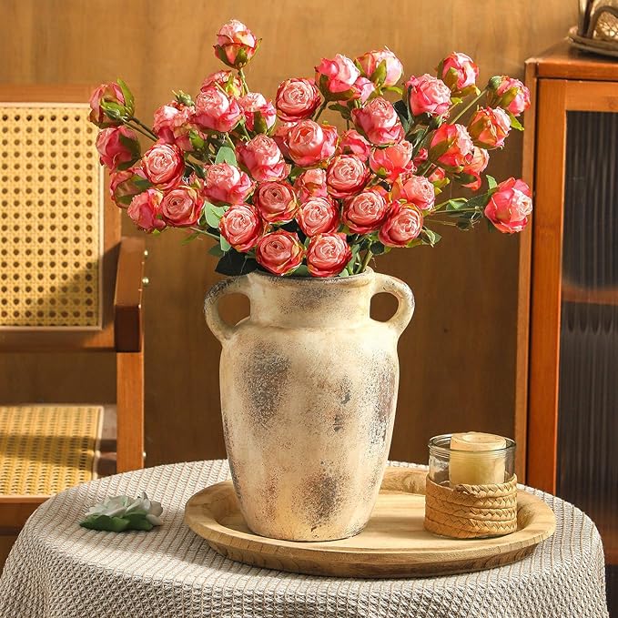 Farmhouse Ceramic Vase with Handle,9.7 inch Handcrafted Vintage Terracotta Pottery Vases for Shelf Decor, Coffee Table Styling, or Bedroom Accent