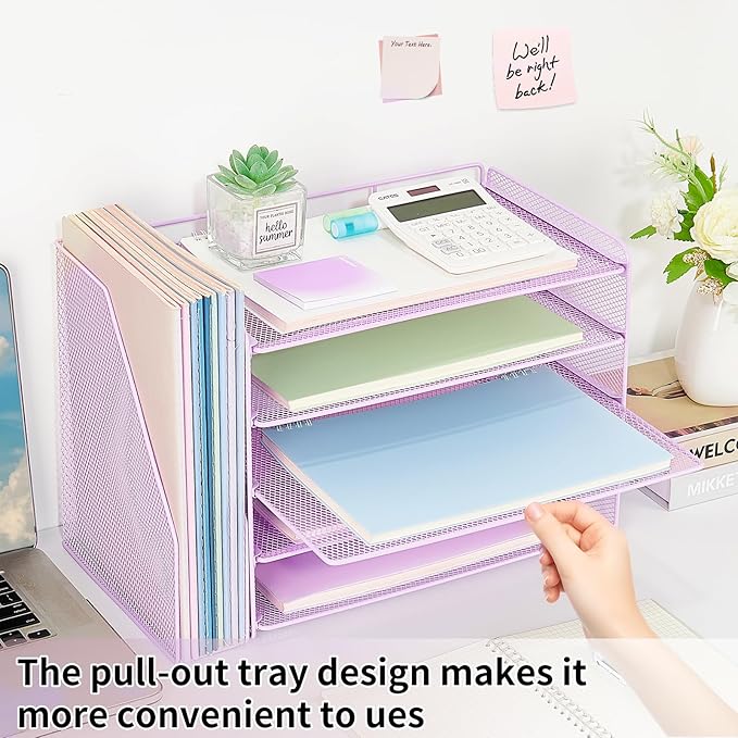 OPNICE 5-Tier Paper Organizer with Magazine Holder, Desk Organizers and Accessories, Office Desk Accessories & Workspace Organizers, Desktop File Organizer for Office Supplies Storage, Purple