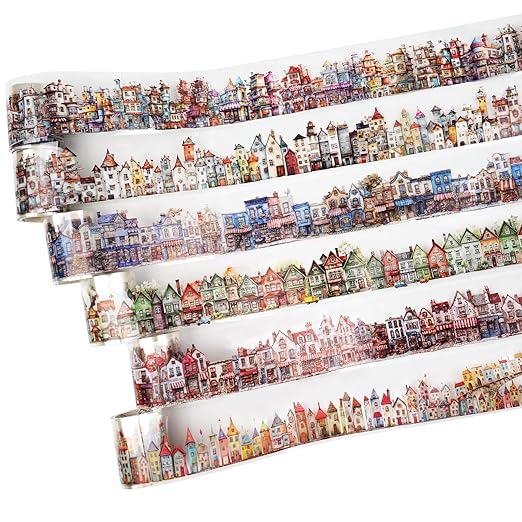 Weird House PET Tape Set with Clip, 6 Rolls of Vintage Town Stickers for Scrapbooking, Journaling, DIY Crafts, and Planners