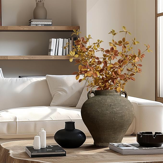 LuxenHome Rustic Large Flower Vase,14'' Tall Brown Terracotta Cauldron Vase,Farmhouse Decorative Vases for Dining Table Decor,Vintage Pottery Ceraimc Vase Living Room Office Home Decor