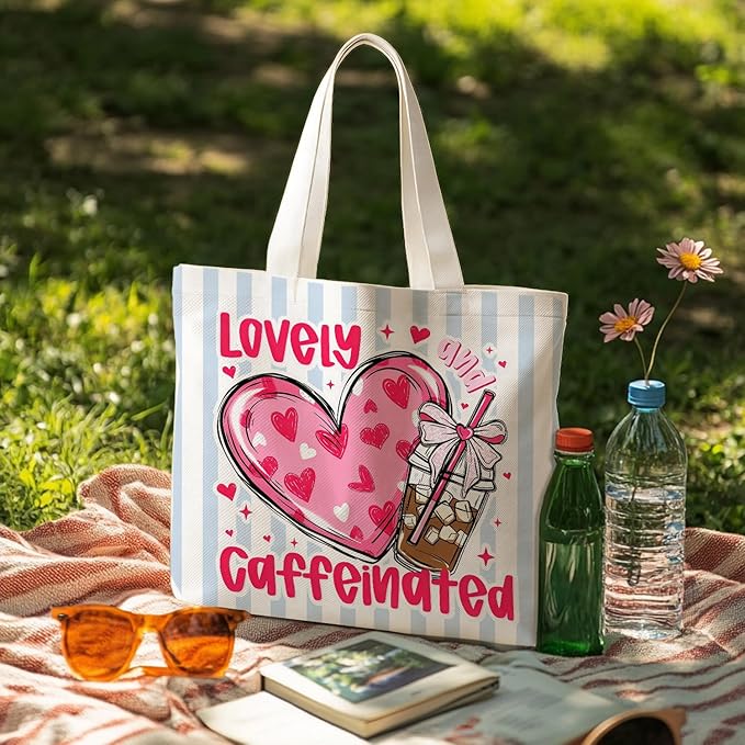 Animals-Flowers-Fruits-Bow Valentines Canvas Heart Tote Bag, Coquette Reusable Shopping Grocery Bags