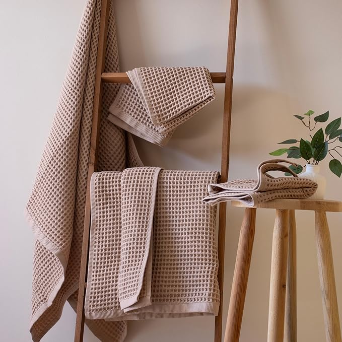 PÜSKÜL - Turkish Waffle Weave Towel Set - 100% Turkish Cotton Long-Staple Cotton, 4-Piece Bathroom Set (2 Bath, 2 Hand Towels) - Made in Turkey (Beige, Towel Set - 2 Hand & 2 Bath Towels)