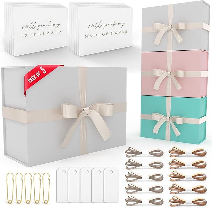 Gift Box Set - Bridesmaids Gifts for Wedding (5 Pack), All Occasions, Bridesmaid Proposal, Magnetic Boxes With Lids, Big Set For Bridal, 13.5 x 9 x 4.5 inches, Large White GiftBox
