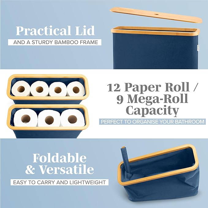 LONBET Toilet Paper Storage for 12 Rolls, Stackable & Foldable - The Ultimate Bathroom Organizer - Waterproof Basket with Bamboo Lid - Elegant Toilet Paper Storage Holder, Blue