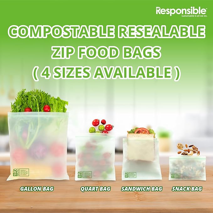 Responsible Products Certified Compostable SNACK Resealable Zip Bag, Extra Strength Food Bags, Plant-Based Freezer-Safe (92 Pack)