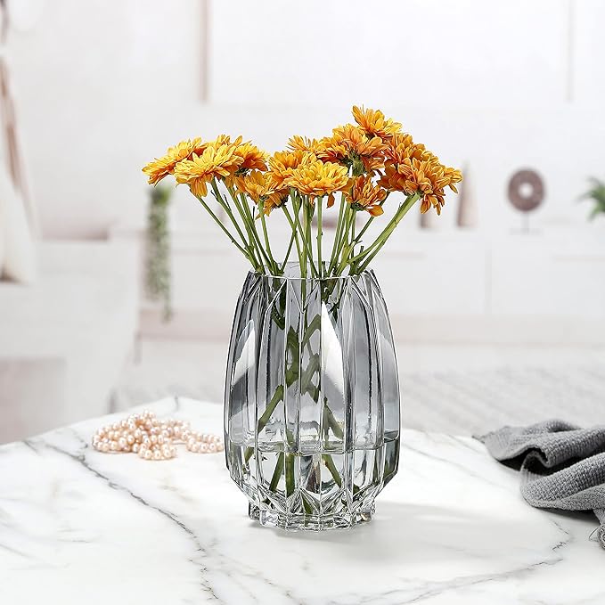 Modern Black Grey Ribbed Glass Vase for Flowers, Candles and Decorative Accents - Tall/Short Glass Vase for Centerpieces Home Table Decor(Grey H7.87in)