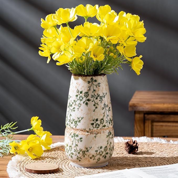 Vintage Green and Beige Vase, Large Round Ceramic Floral Vases, Retro Ice Cracked Chinoiserie Vase for Home Decor, Living Room, Bookshelf, Office, Bedroom and Shelf, Rustic Table Centerpiece 10 Inch