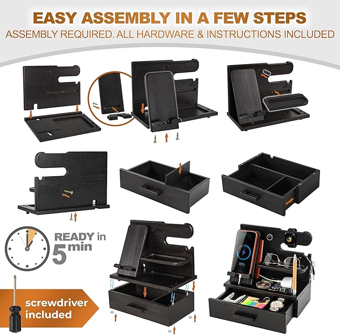 TESLYAR Wood Phone Docking Station with Drawer - Nightstand Organizer - Desk Organizer for Husband - Birthday Gifts for Men, Dad, Anniversary Idea, Key Holder Stand Watch & Accessories (Fumed Black)