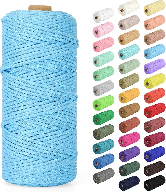 Natural Cotton Macrame Rope - 2mm x 220Yards (656Feet), 2 Strands Twisted Macrame Cotton Cord for Wall Hanging, Plant Hangers, Crafts, Gift Wrapping and Wedding Decorations, Sky Blue