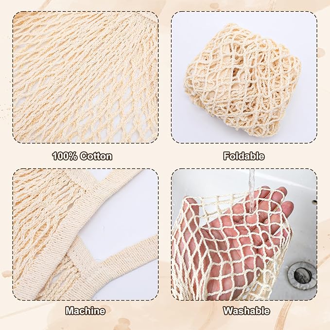 2 Pack Reusable Grocery Bags Cotton Mesh Produce Bags Long Handle Mesh Tote Bag for Fruit & Veggie Storage(Beige and Blue-Gray)