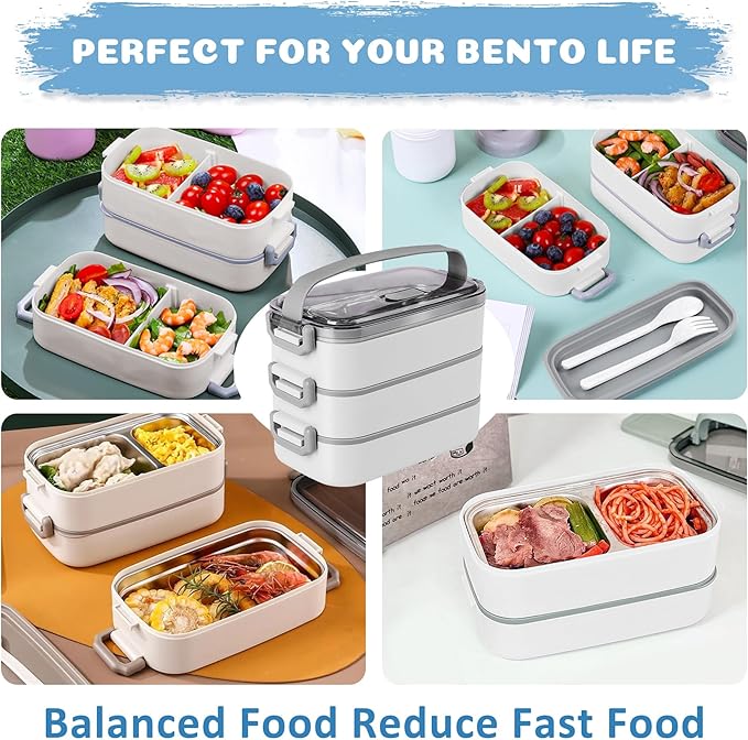 Bento Lunch Box for Kids Women Men, 47oz 2-Compartment Salad Metal Food Prep Pack Container for Lunch, Stainless Steel 3 Layers Stackable Lunch Containers with Lids for Adults and Teens White