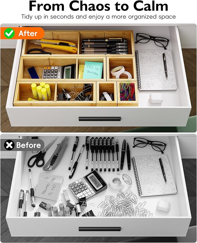 12-Piece Bamboo Desk Drawer Organizer Tray – Adjustable Storage Boxes with 24 Adjustable Compartments for Office Drawer, Jewelry, Vanity & Desk Accessories