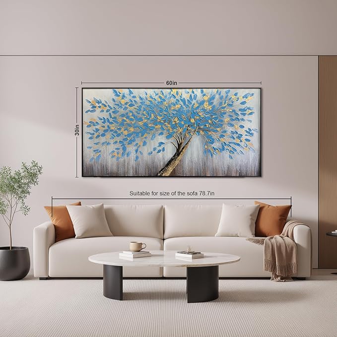 Tree of Life Large Abstract Vintage Blue Framed Canvas Wall Art, Modern Abstract Textured Painting, Large Framed Panoramic Landscape Artwork for Living Room, Bedroom, Office, Home Decor 60"x30"