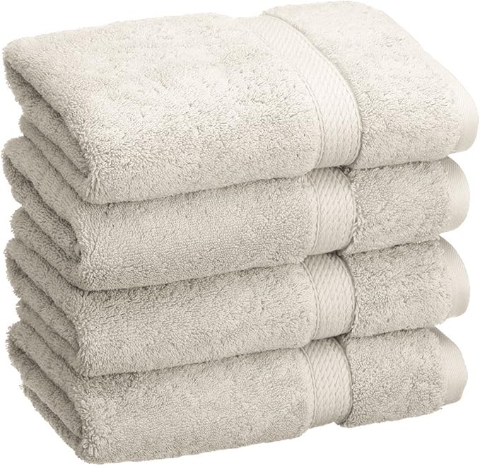 BLUENILEMILLS BNM Egyptian Cotton 4-Piece Towel Set, Includes 4 Hand Towels, Attached Loop for Easy Hanging and Storage, Hotel Quality, Perfect for Bathroom, Gym, Shower Space, or Spa, Stone