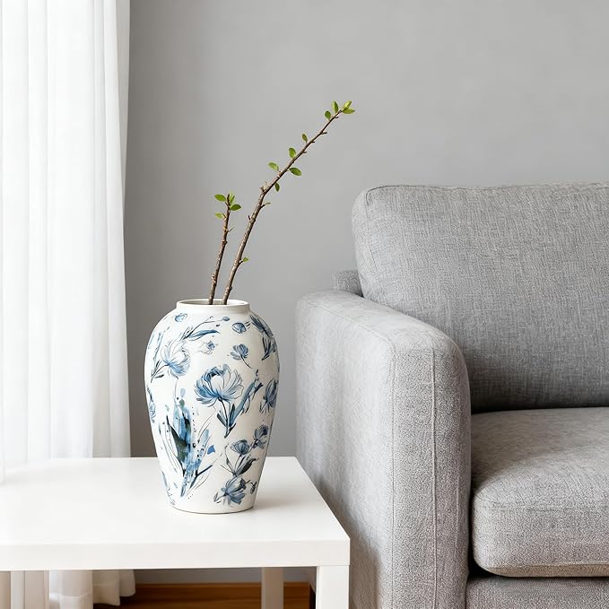 Ceramic Vintage Flower Vase, 9.8 Inch White and Blue Rustic Vases for Home Decor, Handcrafted Farmhouse Tall Vases for Living Room, Table, Bathroom, Chinoiserie Decoration