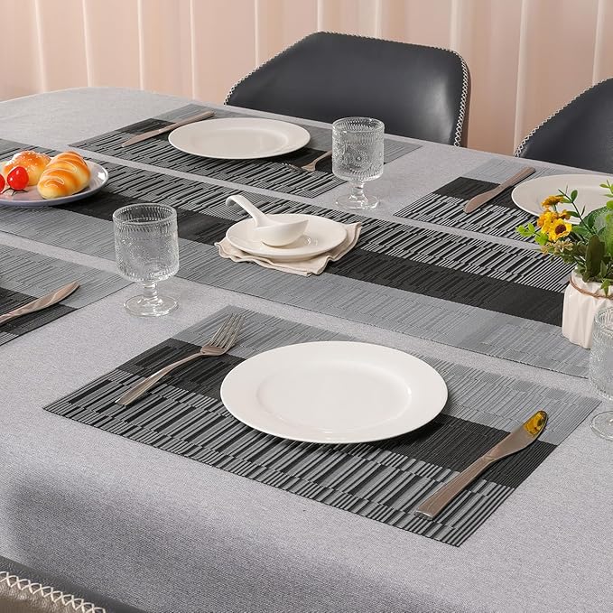 Placemats Set of 4, Vinyl Woven Place Mats Indoor Set of 4 Washable Wipeable PVC Table Mats Heat-Resistant Non Slip Plastic Placemat for Kitchen Dining Outdoor Table (Gray Black, Set of 4)