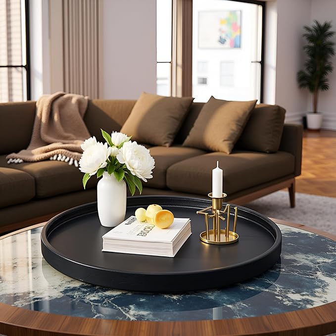 34 * 34 High-End Light Luxury Leather Round Oversized Tray - Ottoman Coffee Food Serving for Family Dinner, Outdoor Picnic & Party Essentials | Versatile Home Decor Tray (34 inch Black)