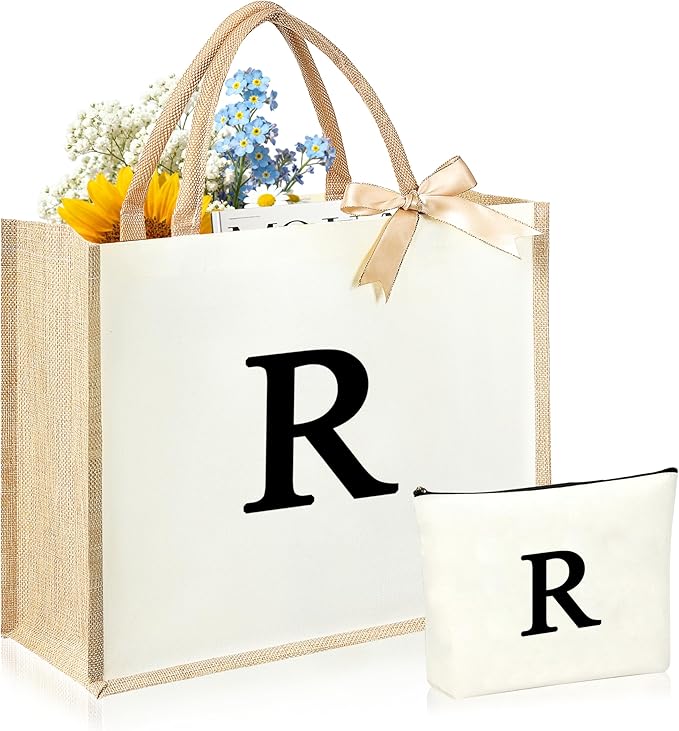 Initial Canvas Tote Bag & Makeup Bag for Women Teacher Bridesmaids，Personalized Present for Wedding, Birthday, Beach