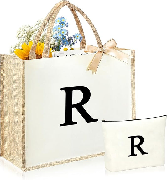 Initial Canvas Tote Bag & Makeup Bag for Women Teacher Bridesmaids，Personalized Present for Wedding, Birthday, Beach