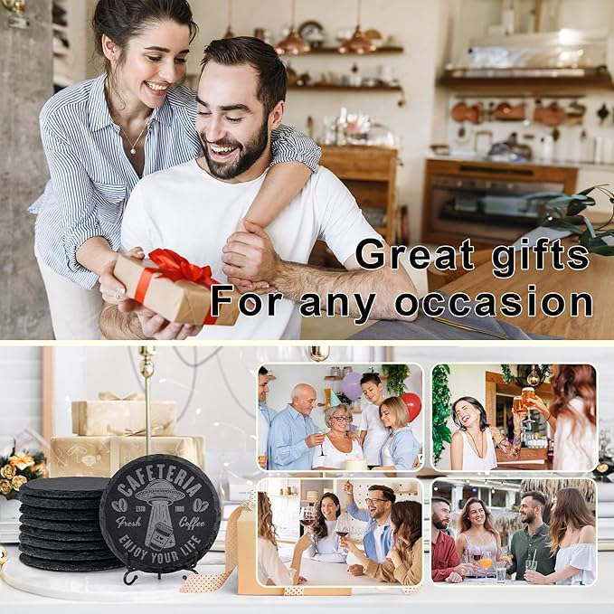 48 PCS Round Slate Drinks Coasters Bulk for Laser Engraving, MAPRIAL 4 Inch Handmade Black Rustic Stone Coaster Laser Blanks with Anti-Scratch Backing for Engraver, Wedding, Gifts, Home Decor, Bar