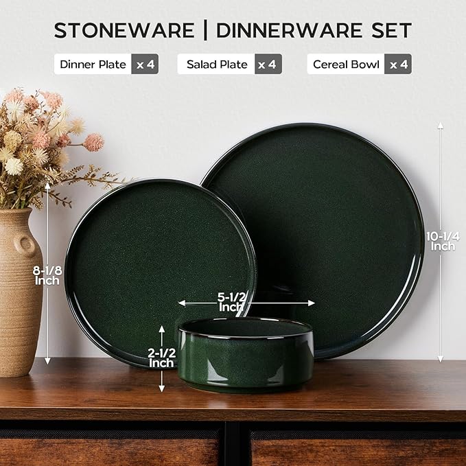 Onader Stoneware Dinnerware Sets for 4, Reactive Glaze Plates and Bowls Sets, Ceramic Dish Dinner Set with Rustic Terracotta Bottom, 12 Piece Elegant Dishware - Emerald Green