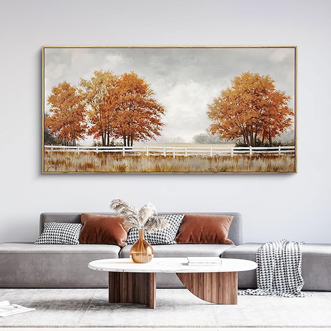 yiijeah Orange Wall Art - Large Canvas Living Room Wall Decor Fall Burnt Orange Tree Picture Ruict Landscape Poster Framed Artwork for Bedroom Office Home Decoration 58x29