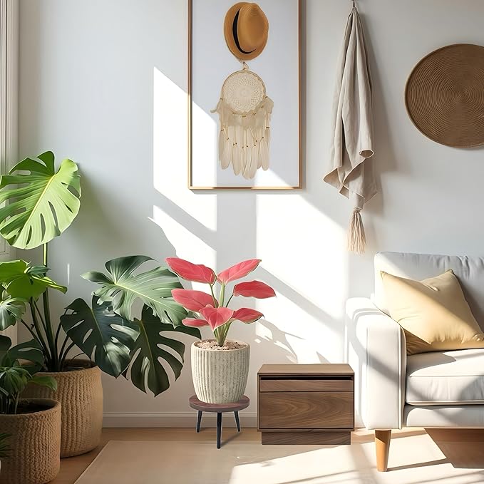 2 Pcs 8 inch Plant Stands, Small Floor Indoor Plant Stand, Mid Century Wood Planter Stand with Metal Leg, Round Modern Plant Stool for Indoor Outdoor Flower Pots (Brown)