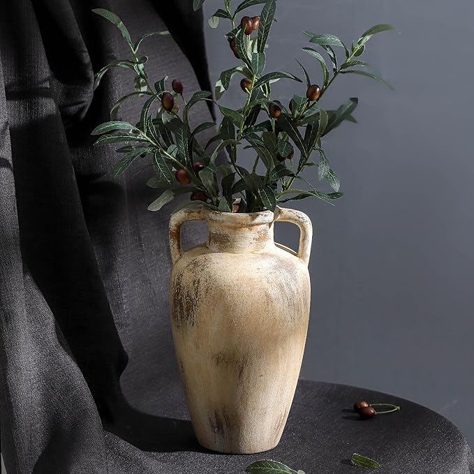 Large Ceramic Flower Vase,11.41 inch Tall Terracotta Farmhouse Rustic Vase with 2 Handles for Home Decor, Living Room Shelf Decor, Enterway, Wedding, Table Decoration
