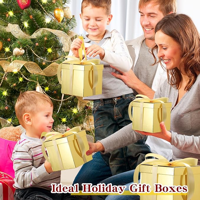 Cholemy 5 Pcs Square Nesting Boxes Decorative Gift Boxes with Lid and Ribbon Assorted Sizes Wrap for Wedding, Thanksgiving, Christmas, Anniversary, Birthday, Bridal Party(Shiny Gold)