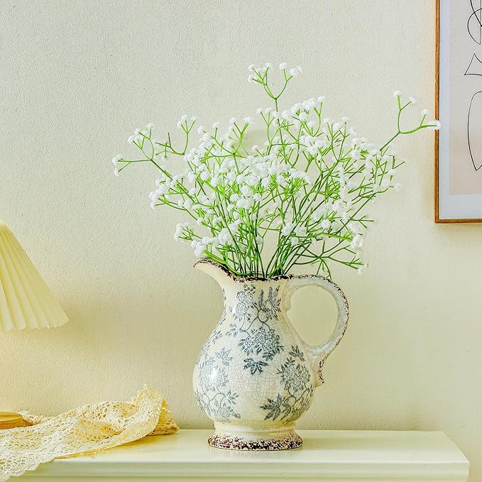 Enra Large Vintage Blue and White and Pitcher for Home Decor, 9.7 Inch Rustic Chinoiserie Decorative Vases, Green and Beige Ceramic Vases for Living Room, Kitchen, Office – Large Vases for Decor