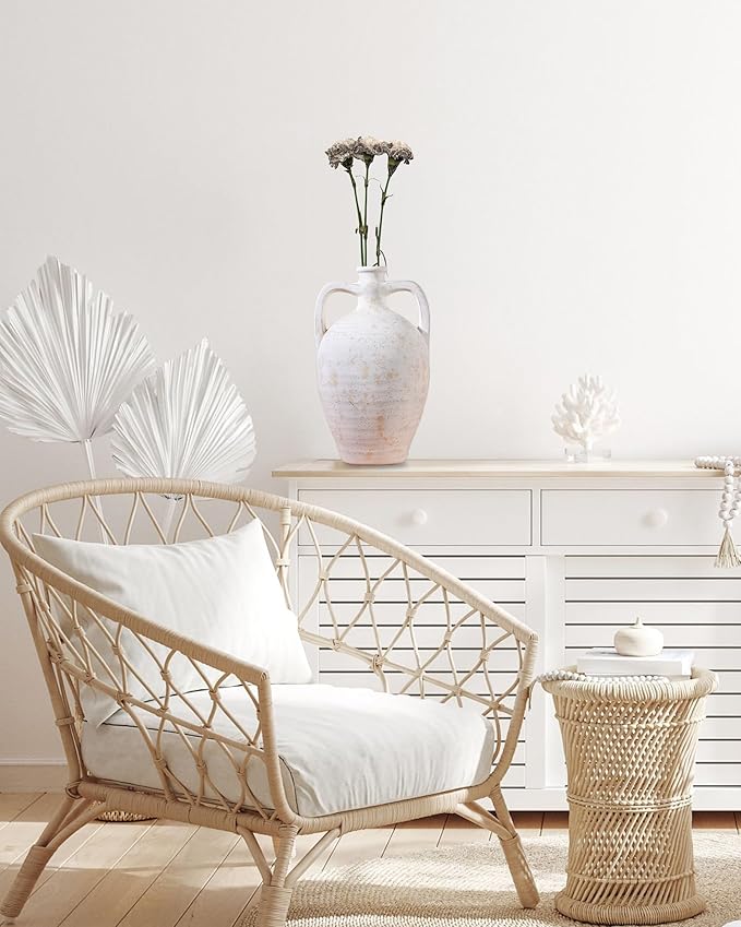 UPWOIGH Ceramic Flower Vase, 13.8 inch Tall Off-White Farmhouse Rustic Vase, Handcrafted Weathered Handles Pottery Vases, Large Flower Terracotta Vases for Home Decor, Living Room, Table, Shelf