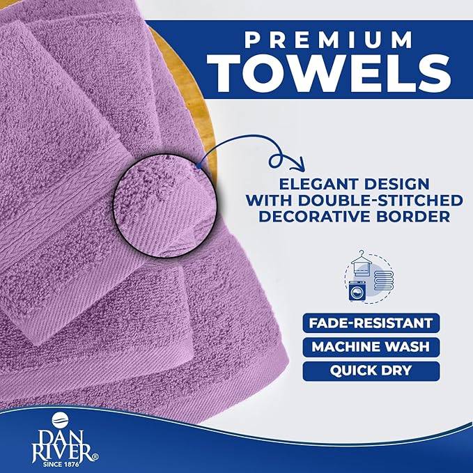 DAN RIVER 8 PC Luxury Bath Towels for Bathroom, 2 Bath, 2 Hand, and 4 Wash Cloths, 600 GSM 100% Ring Spun Cotton Towel Set, Highly Absorbent, Gym, Hotel, and Spa, Lavendar