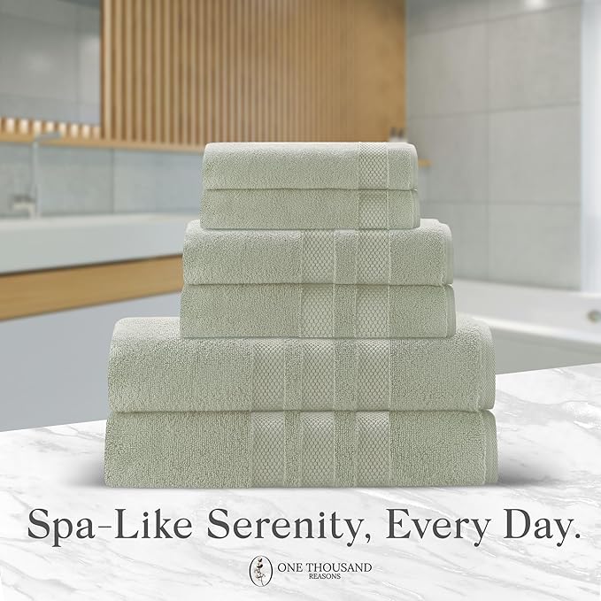 Premium Staple Cotton Bathroom Towel Set - Sage Green 600 GSM 6-Piece Luxury Bath Towel Set 3 Stripe - 2 Bath Towels, 2 Hand Towels & 2 Washclothes Set - High Absorbent & Quick Dry for Gym, Spa, Hotel