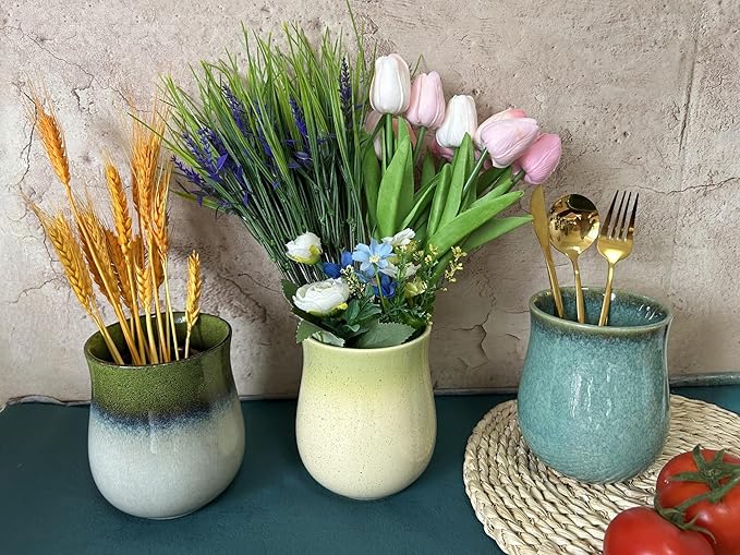 Medium Ceramic Kitchen Utensil Holder for Kitchen Counter Short Cooking Utensil Holder for Countertop Spatula Holder Small Utensil Crock Cutlery Holder Silverware Caddy Flower Vase (Yellow Green)