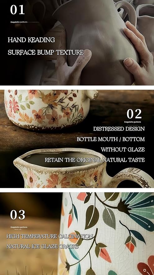 Vintage Colorful Flower Ceramic Vase with Handle, Retro Ice Glazed Crack Farmhouse Pitcher Vase for Home Decor, Living Room, Shelf, Office, Rustic Table Centerpiece 7 Inch