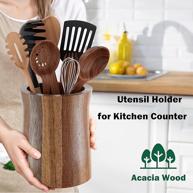 Utensil Holder, Acacia Wood Utensil Holder for Kitchen Counter, 360° Rotating Cooking Utensil Crocks for Countertop, 7.2" Large Utensil Organizer for Spatula Storage