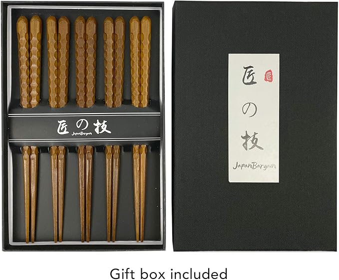 JapanBargain 4516, Hardwood Reusable Chopsticks Japanese Chinese Korean Wood Chop Sticks Hair Sticks 5 Pair Gift Boxed Set Dishwasher Safe, 9 inch, Natural