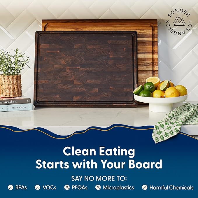 Sonder Los Angeles, Made in USA, Large Thick End Grain Walnut Wood Cutting Board with Non-Slip Feet, Juice Groove for Kitchen 20x15x1.5 in (Gift Box Included)