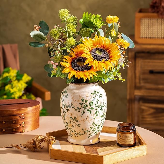 Vintage Green and Beige Vase, Round Ceramic Floral Vases, Retro Ice Cracked Chinoiserie Vase for Home Decor, Living Room, Bookshelf, Office, Grand Millennial Decor, Rustic Table Centerpiece 8 Inch