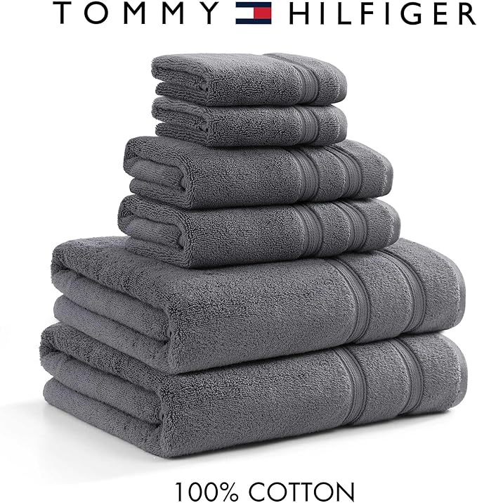 Tommy Hilfiger - Bath Towels, Ultra-Soft & Quick Drying with Zero Twist, 600 GSM Bathroom Towels with Iconic Flag Accent (Harborside Solid Charcoal Grey, 6 Piece)