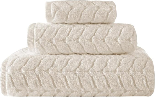 BAGNO MILANO Turkish Bath Towels, Soft Plush Jacquard Luxury Bath Towels, Quick Dry Towel Set (Cream, 3 pcs Towel Set)