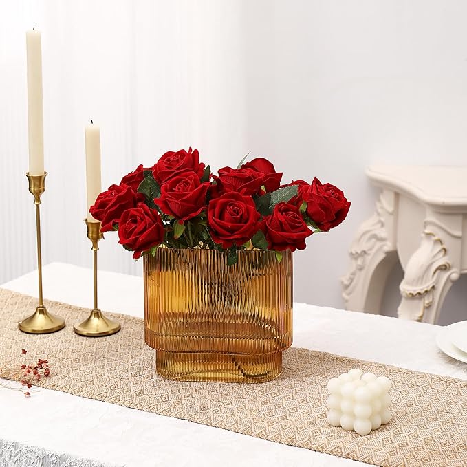 Ribbed Glass Vase, Amber Glass Vase, Fluted Short Vases for Flowers, Modern Vases for Living Room, Dining Room, Bathroom, Desk, Shelf, Wedding, Office, 7 Inches