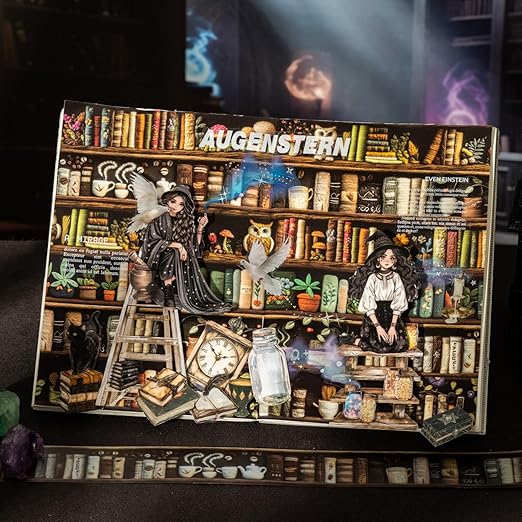 Magician’s Bookcase PET Tapes – 6 Rolls of Fantasy Embroidery-Style Bookcase Designs with Clip, for Scrapbook, Journal, Junk Journal, Planner and DIY Decor