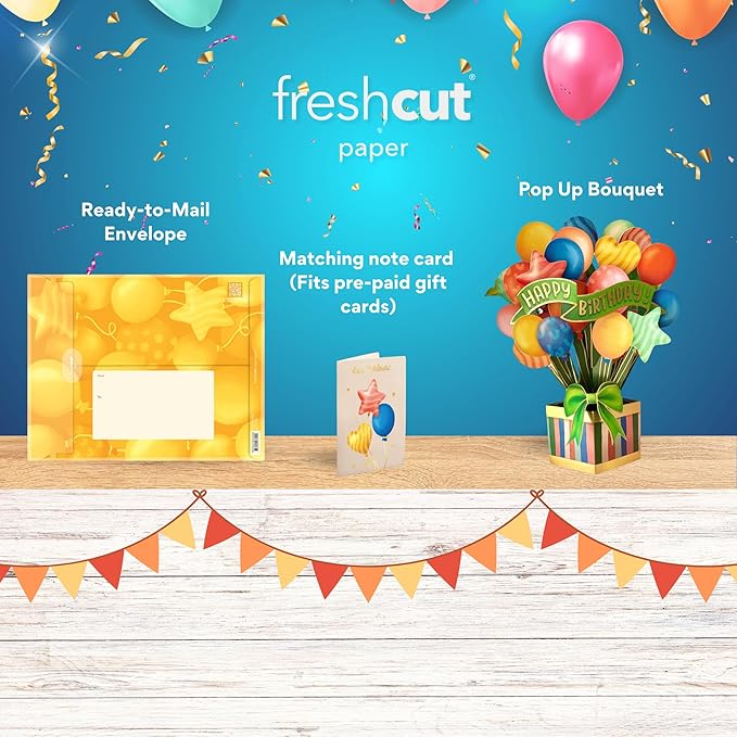 Freshcut Paper Pop Up Cards, Colorful Birthday Balloons, 12 Inch 3D Popup Greeting Card, Cards for Birthdays, Happy Birthday Card, Blank Notecard & Envelope