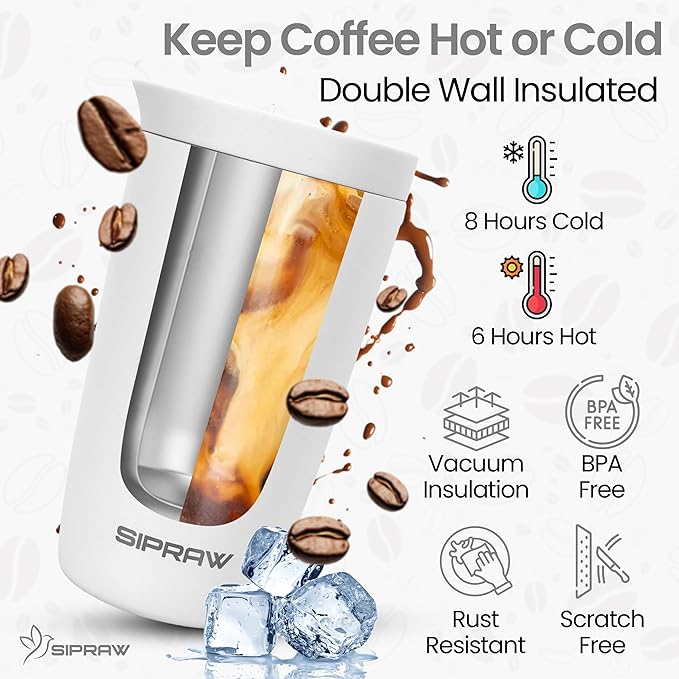 Travel Coffee Mug Tumbler, Reusable Iced Coffee Hot Coffee Cup, Double Wall Insulated Thermal Stainless Steel Material, Gift for Women Men, Perfect for Camping Travelling, 12 oz, White smoke