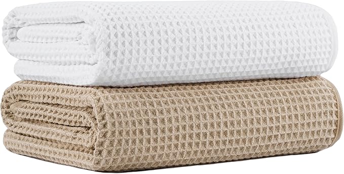 New Microfiber Waffle Bath Towels, 2 Pieces, Oversized, Soft, Absorbent, Fast Drying, Lint Free (Beige+White)
