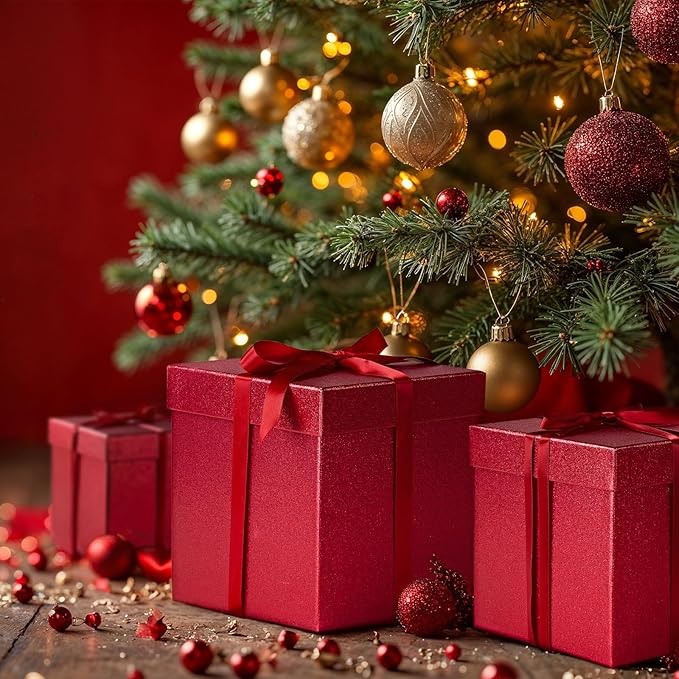 UNIQOOO 5Pcs Red Glitter Xmas Gift Box Set with Lid, Assorted Size, Square Nested Wedding Keepsake Boxes, Holiday Paper Box Tower For Birthday Party, Mother's Day Gift Wrap Packaging