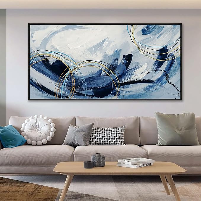 yiijeah Large Wall Art - Abstract Canvas Painting for Living Room Decor Modern Art Work for Wall Giant Gray Paint Office Bedroom Blue and White Home Decor