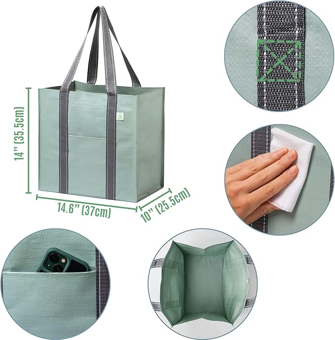 VENO 4 Pack Reusable Grocery Bags, Heavy-Duty Shopping Bags with Handles, Bags for Shopping Cart with Hard Bottom to Stand Upright, Foldable, Multi-Purpose(Light Green, 4 Pack)