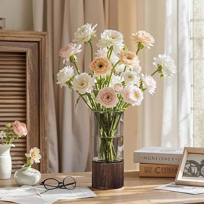 VECELO Artistic Flower vase with Wooden Base, 7" Tall Boho Rustic Cylinder Glass vase for Fresh Flowers, Fireplace Bedroom Kitchen Living Room